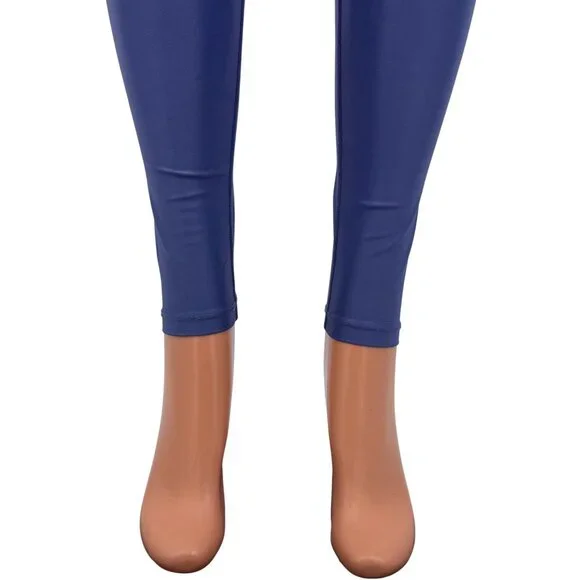 Carbon38 High Rise Full-Length Shine Glossy Blue High-Waist Activewear Leggings - Picture 6 of 16